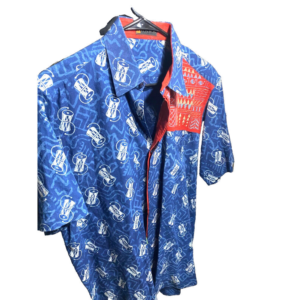 Vintage AHANA handmade men's cotton shirt Blue/red Hawaiian Boho embroidered XL