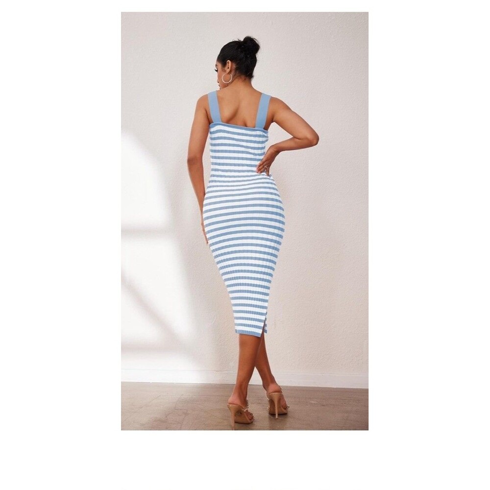 Bodycon Midi Dress Vacation Soft Classic Striped Ribbed Knit Sm Preppy NWT - Picture 7 of 7
