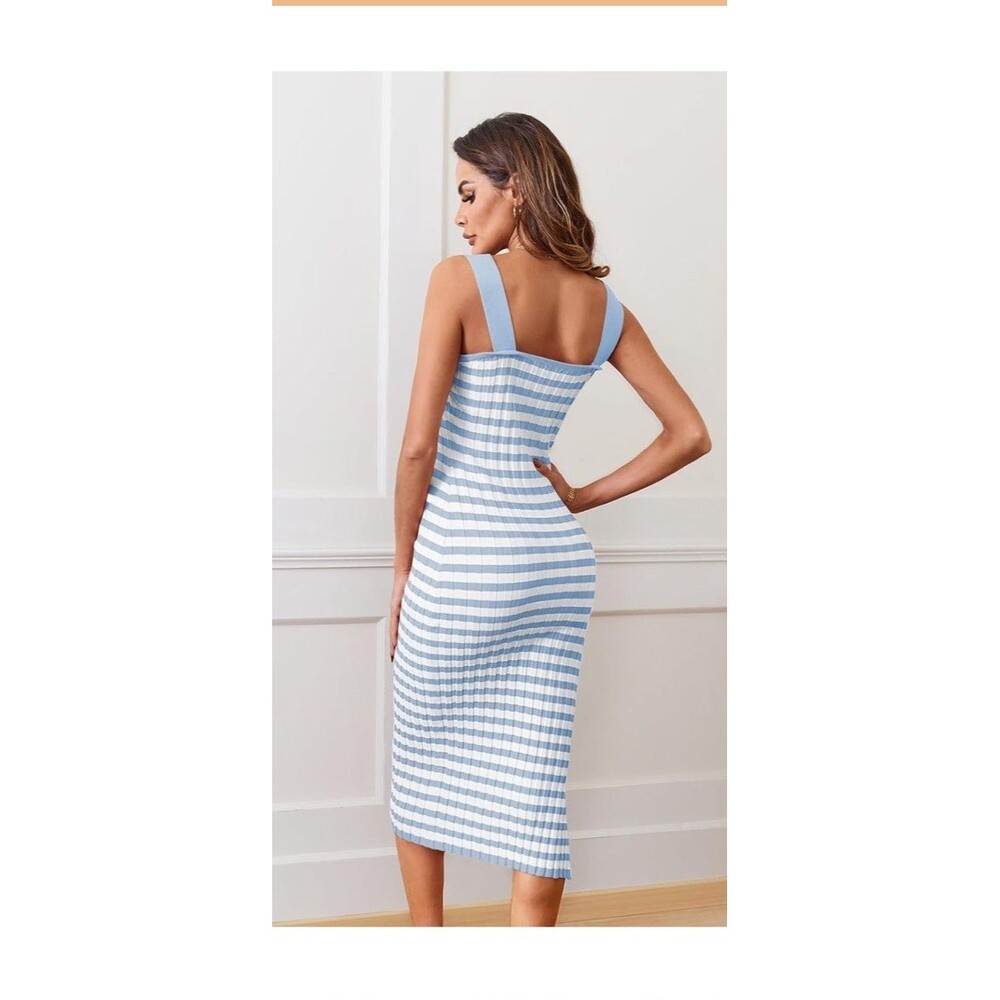 Bodycon Midi Dress Vacation Soft Classic Striped Ribbed Knit Sm Preppy NWT - Picture 2 of 7