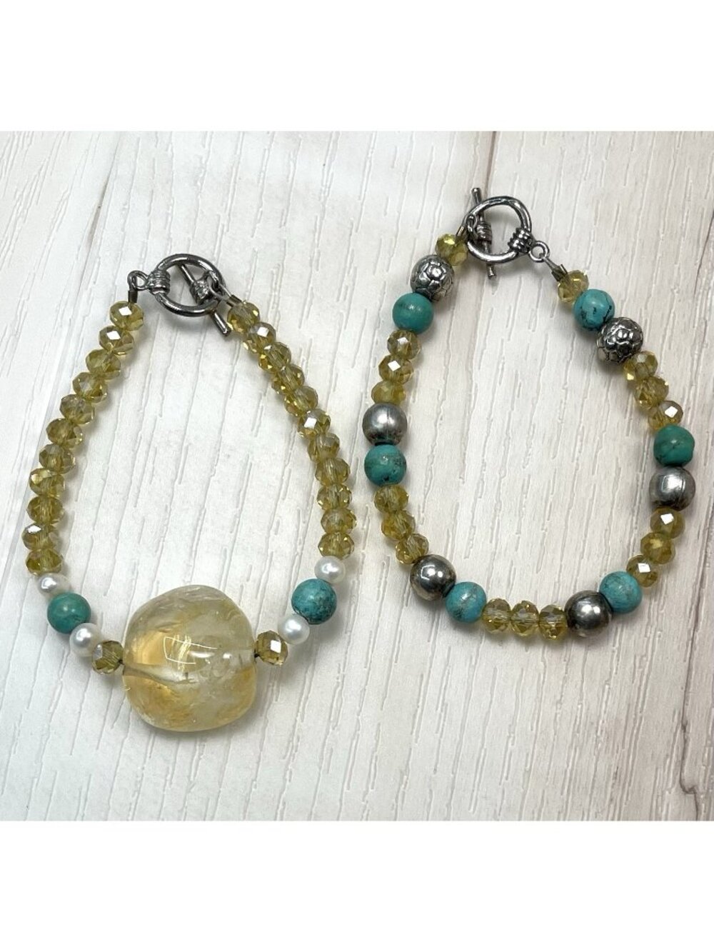 Lot 2 Handmade Crystal & Stone Beaded BRACELETS Yellow Turquoise Toggle EUC