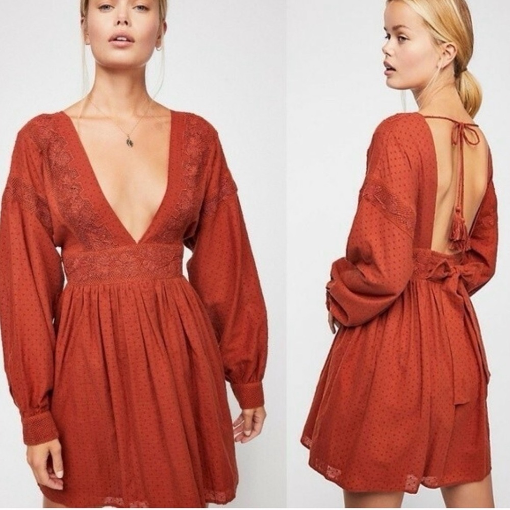 Free People Deep V-Neck Rust Dress size XS - Picture 3 of 12
