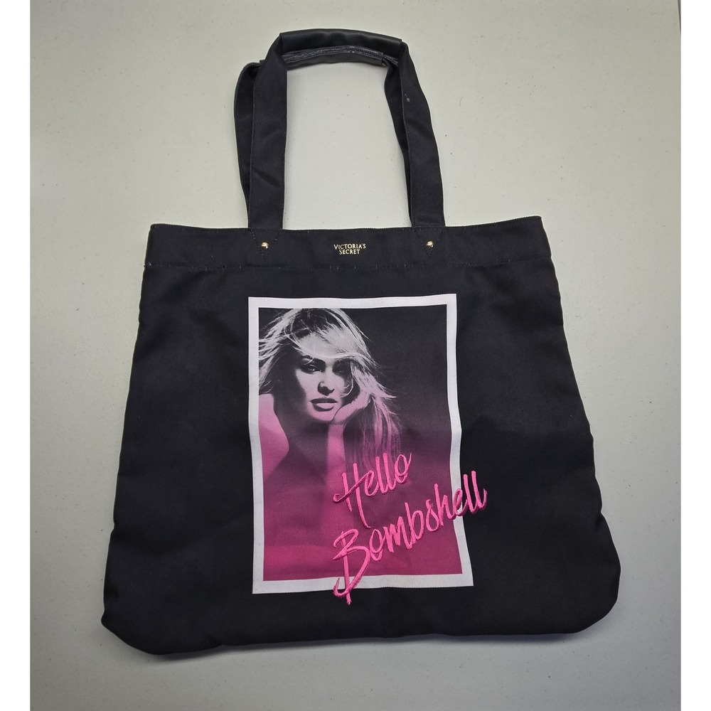 Victoria's Secret Women Bag Large Black Tote Hello‎ Bombshell Embroidered Pocket