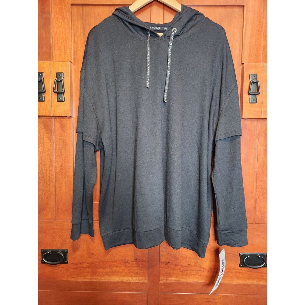 Muk Luks Hooded Pullover Black w/Faux Undershirt Effect Women's Size 2XL NWT!