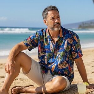 Aloha Republic Mens Hawaiian Shirt Blue Surfboard Palm‎ Tree Made in Hawaii L