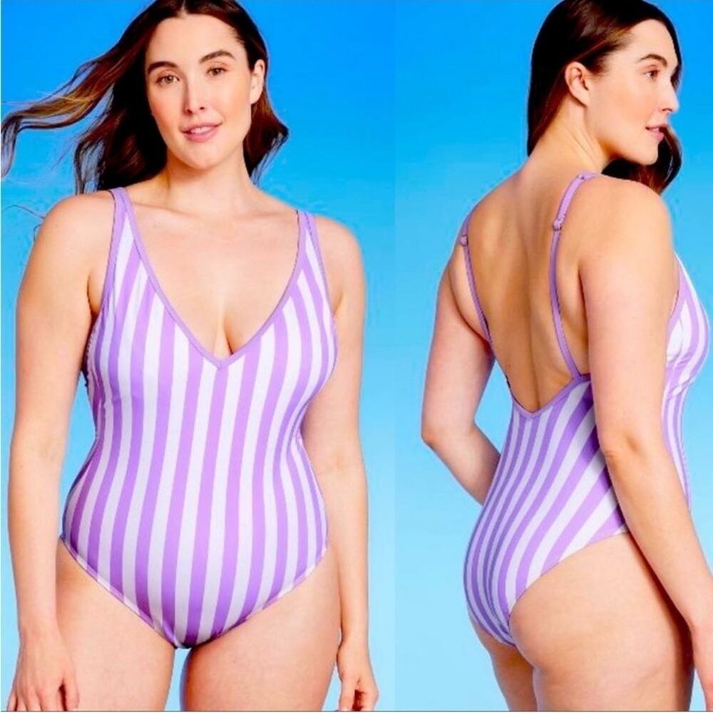 Kona Sol Swim One Piece Stripe Purple White NWT