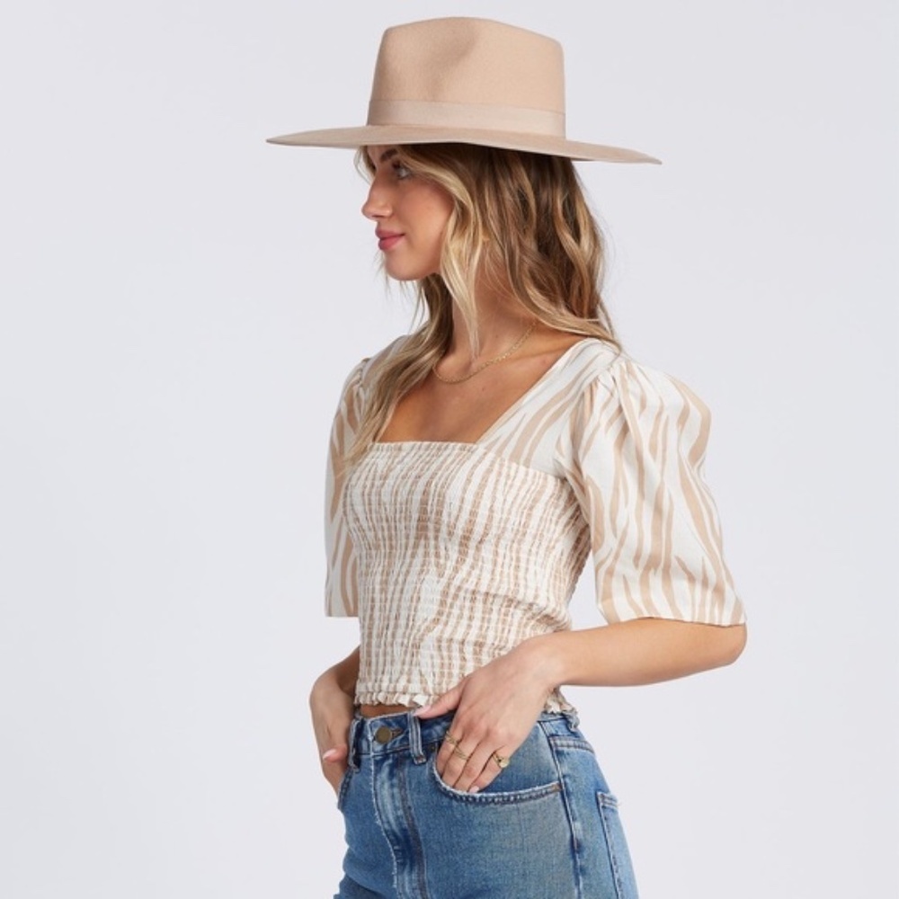 Billabong Cream and Tan Striped Smocked Crop Top