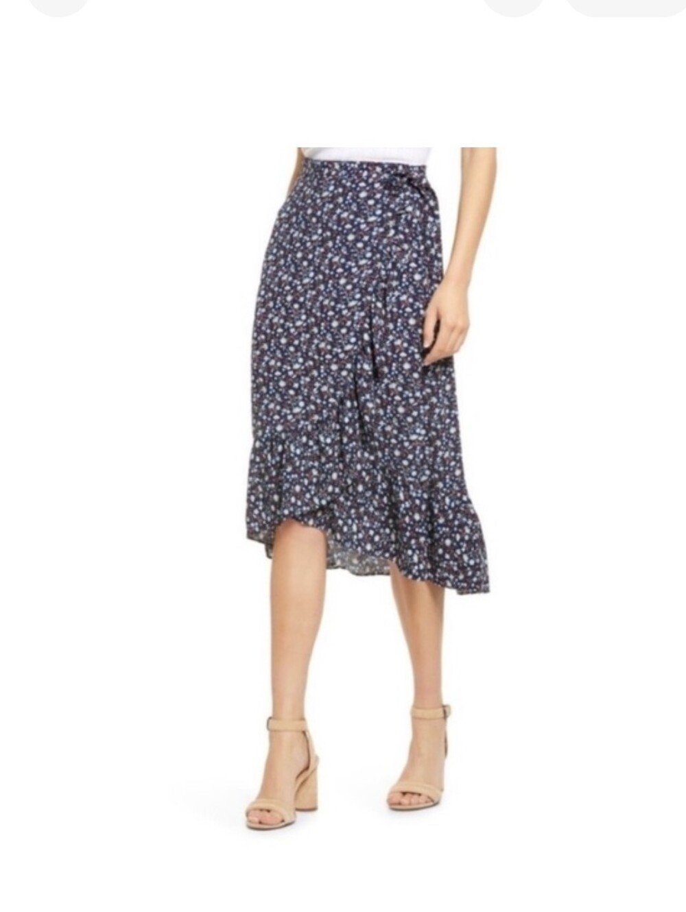 Madewell Navy Floral Ruffle-Edge Midi Wrap Skirt