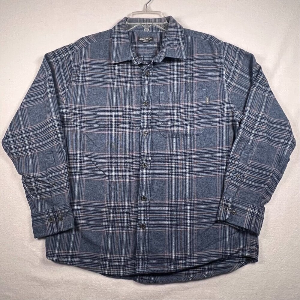 Eddie Bauer Men's XL 100% Cotton‎ Warm Brushed Twill Flannel Shirt Blue Plaid