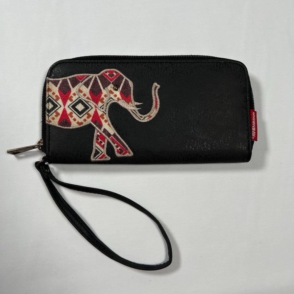 Unionbay Elephant wallet zip‎ around wristlet black faux leather boho design