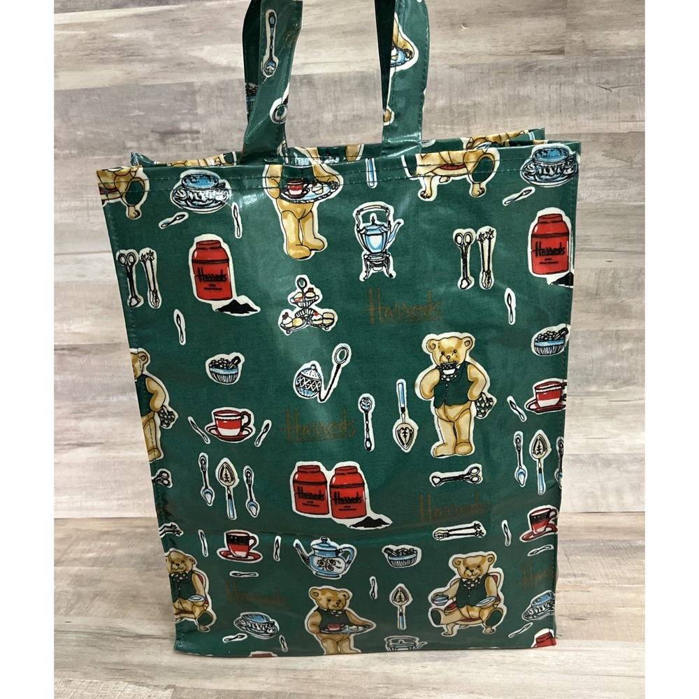 Vintage Harrods Knightsbridge Teddy Bear‎ Green Shopping Tote PVC Bag
