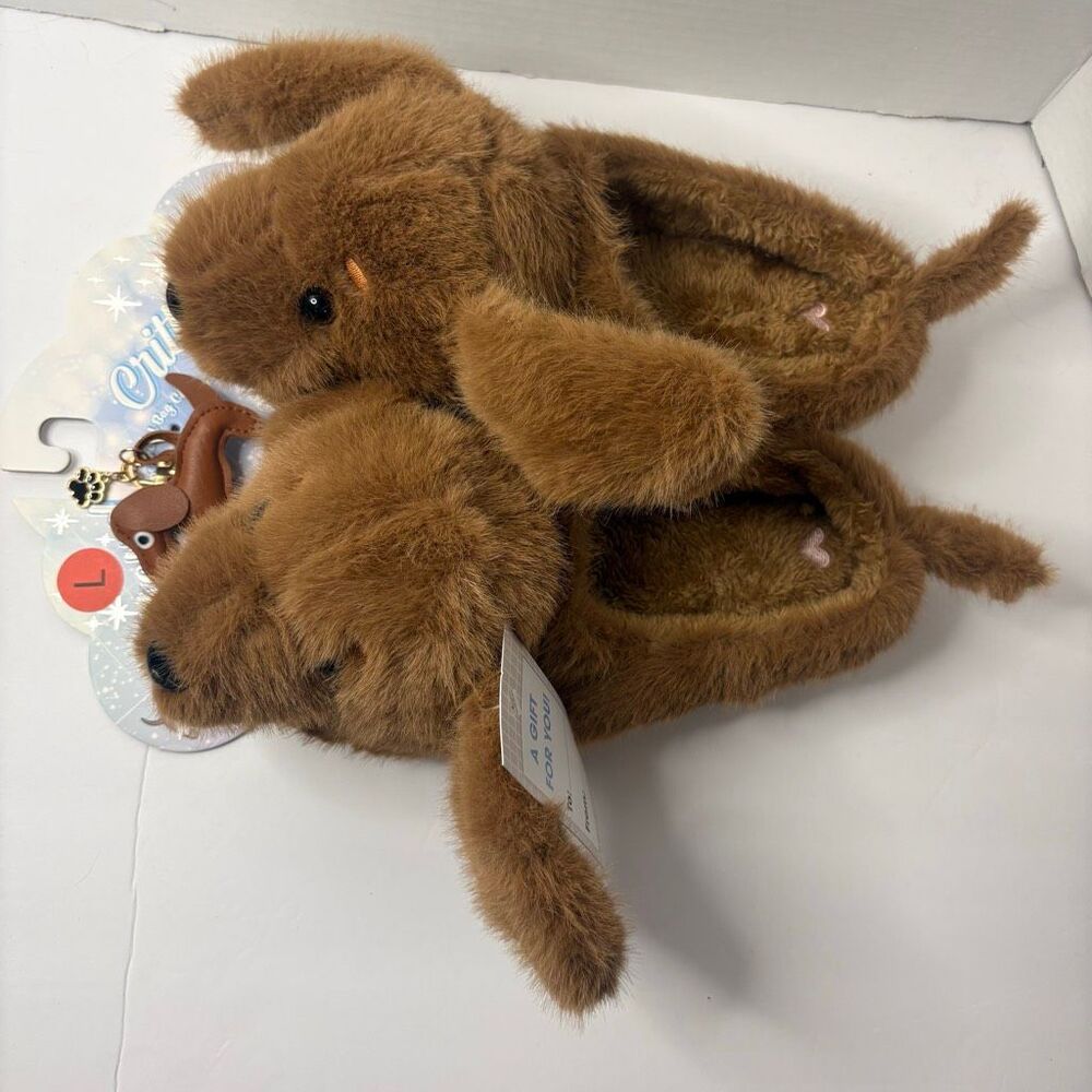 Cloud Critters Dachshund Doxie Slippers Brown with Charm Paw Print NWT Large 8-9