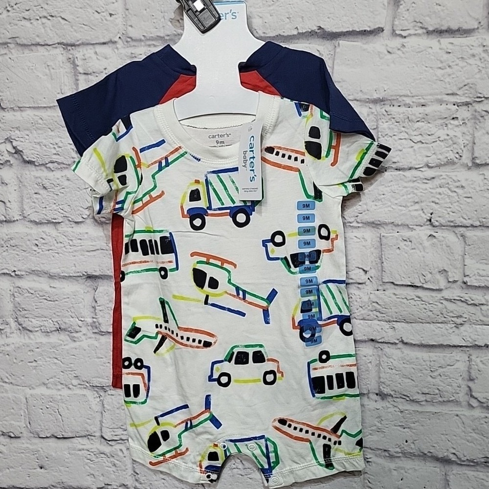 Carters Baby Boys 2-Pack Transportation and‎ Red Raglan Rompers Size 9M NEW
