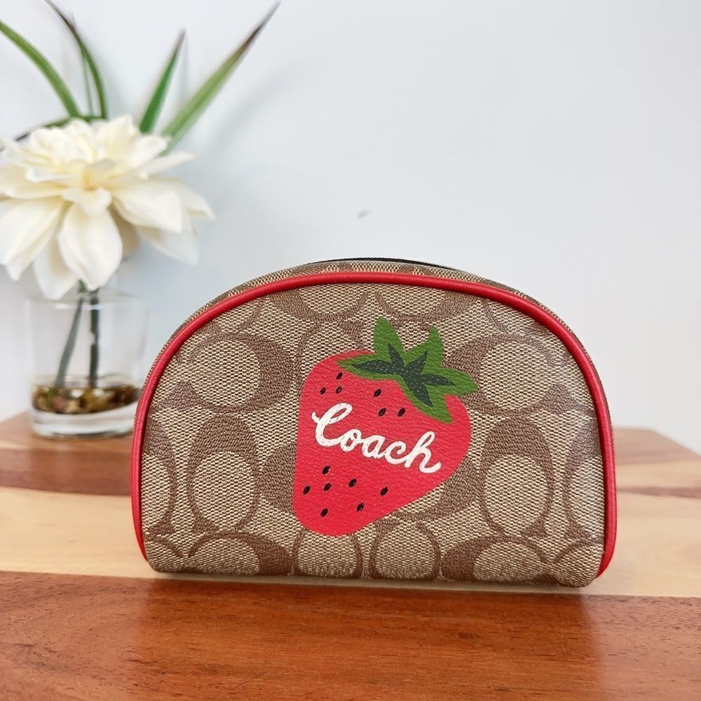 NWT Coach Dome Cosmetic Case In Signature‎ Canvas With Wild Strawberry