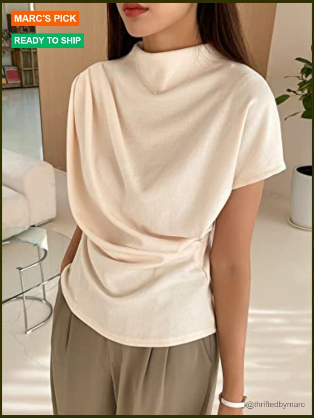 Mock Neck Short Sleeve Tee Asymmetric Ruched T-Shirt - Picture 6 of 7