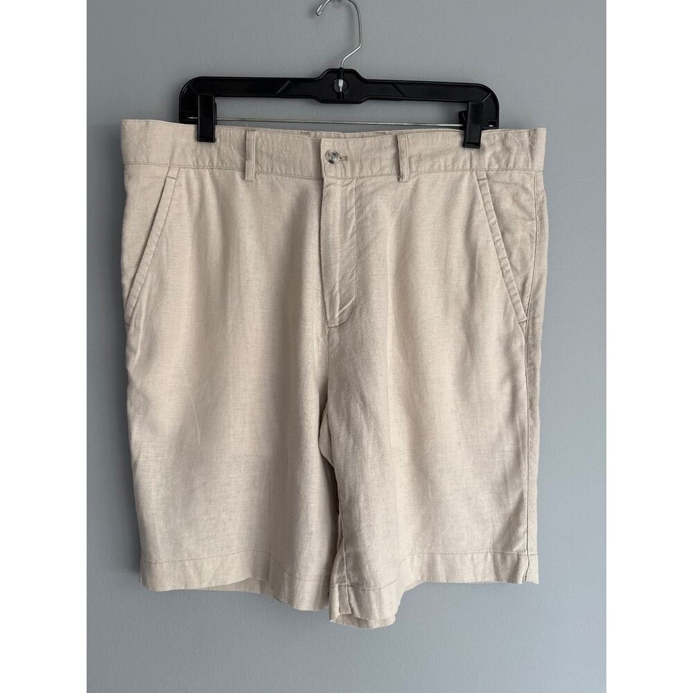 Alan Flusser Men's W36 Linen Rayon Shorts Beige Khaki Flat Front 2 Back Pockets
