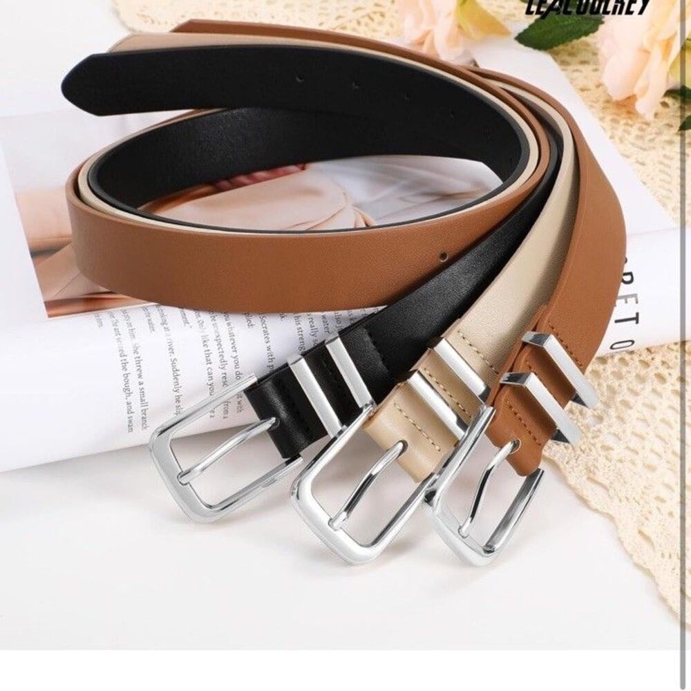 Women’s Faux Leather Belts Silver Buckle Trend for Jeans Dress Pants - 3 Pack - Picture 3 of 5