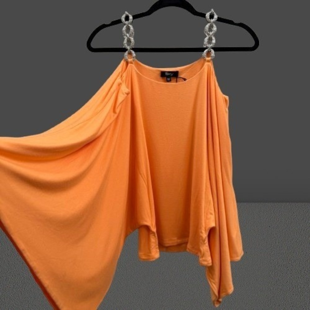 NEW Sky Women Cold Shoulder Top Rhinestone Chain Straps Drape Orange Medium
