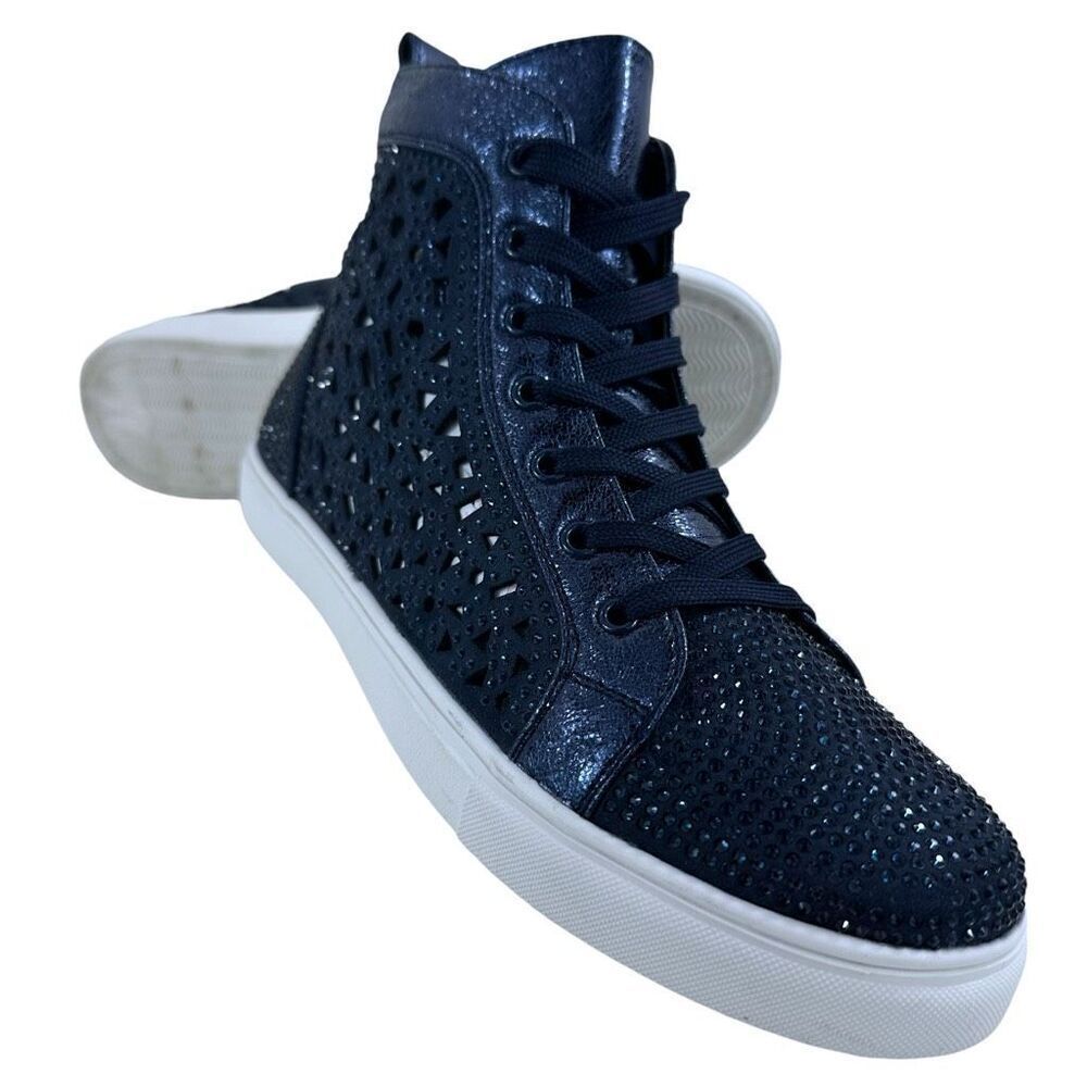 Lady Couture Flat Laser Cut High Top Bling Rhinestone Sneaker Navy Women's Size