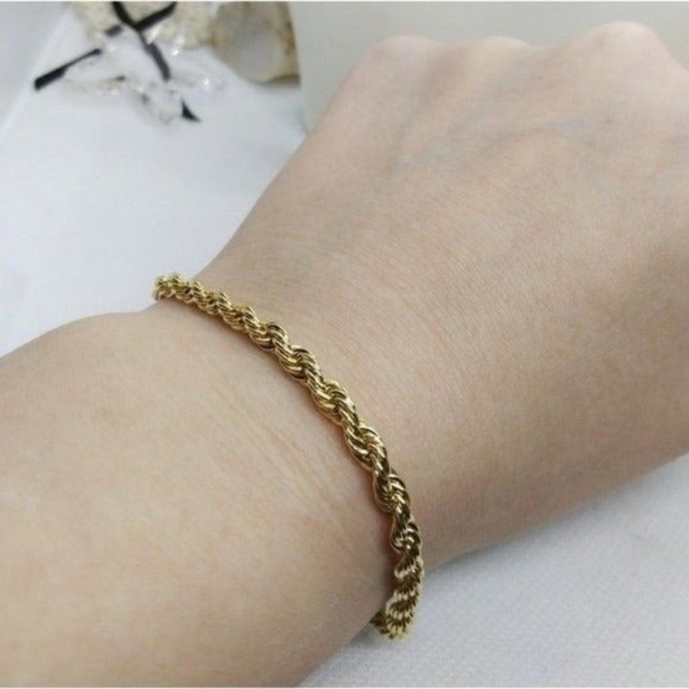 Plus sized 14kt Italy stamped gold Bonded rope‎ braided bracelet unisex 10.5 in