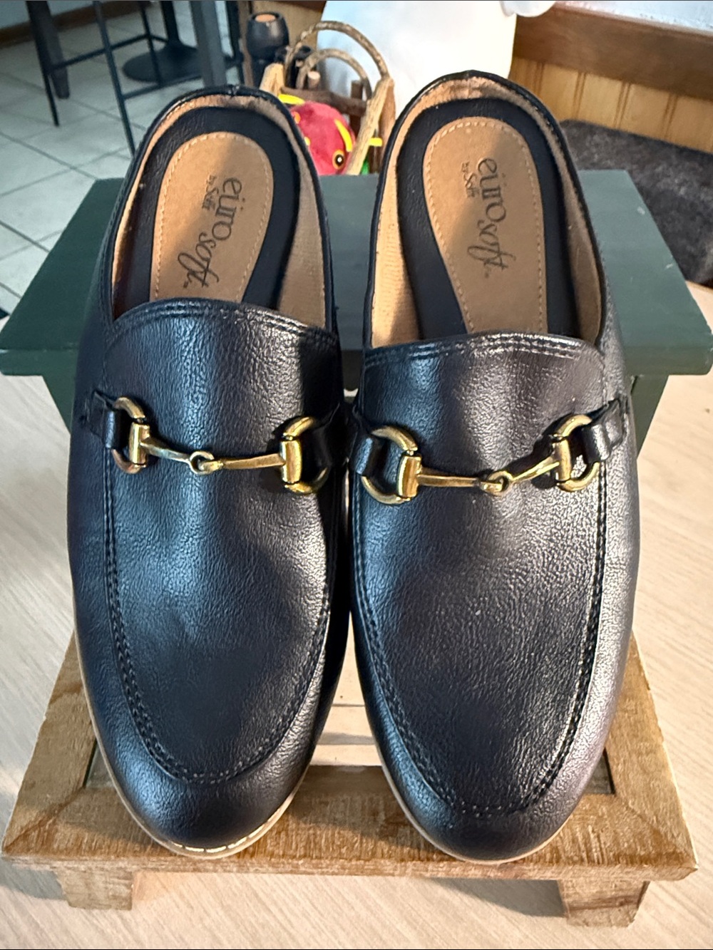 Sofft EuroSoft Black Leather Mule Loafers with Gold Bit Accent