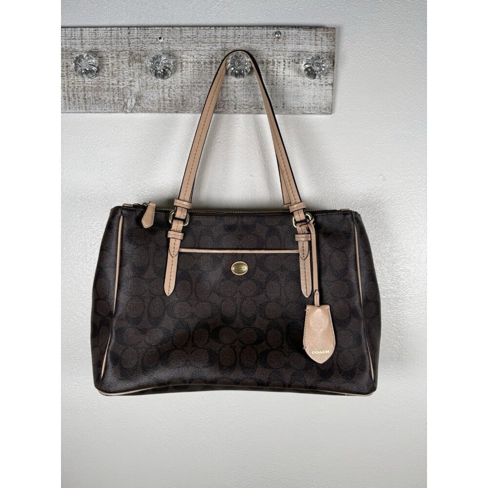 Coach Signature Peyton Double Zip Carryall Tote Shoulder Bag Purse Brown F26187