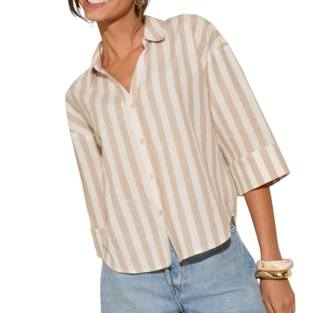 NWT Friends Like These Oatmeal Stripe Linen Blend Button Front Shirt Size 4