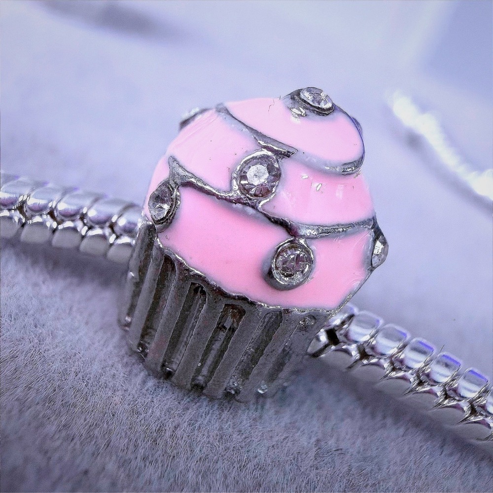 Pink Enamel Cupcake Silver European Charm fits PANDORA