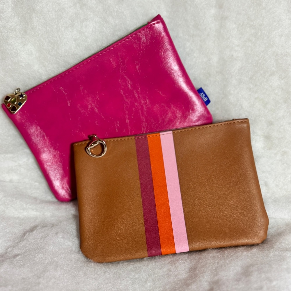 2pc‎ Ipsy Zipper Pouch Makeup Bags -Pink/Blue & Tan with Stripes.