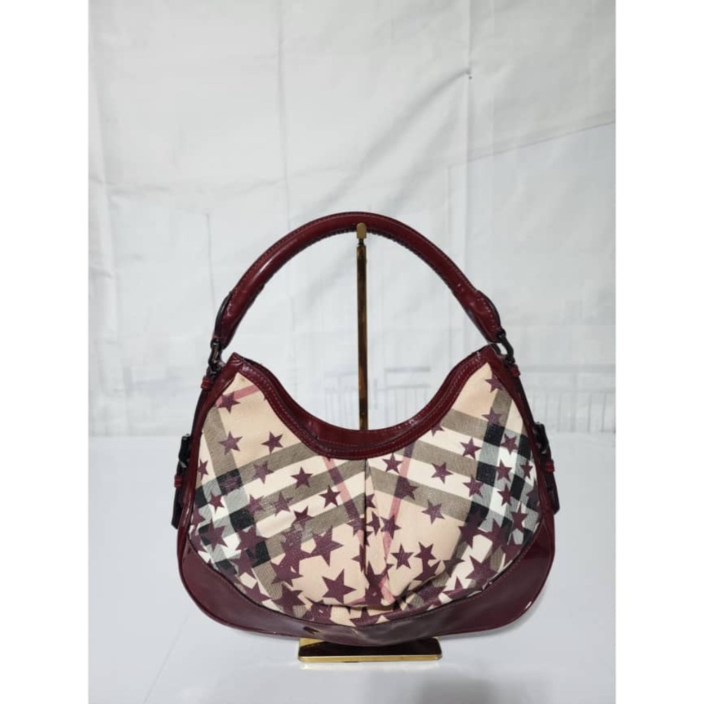 Authentic Burberry Nova Check Berry Red Star Small Hernville Hobo Bag Burgundy