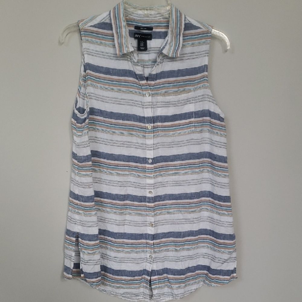 Jones New York Shirt Women's S Linen Striped Sleeveless Button Up Tunic Top