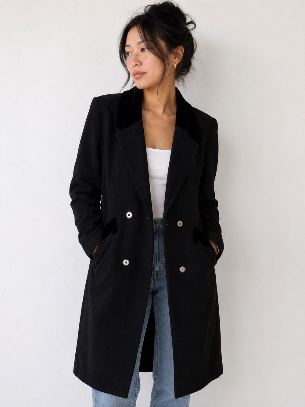 Cathy Jo Vintage Black Wool Coat Velvet Collar Double Breasted Longline USA M