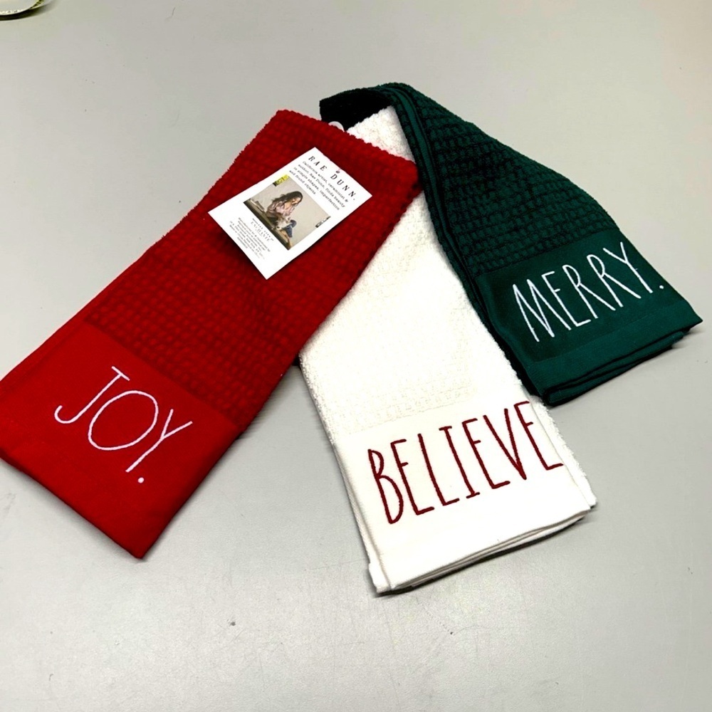 NWT Rae Dunn 3pc Kitchen Towels Christmas Holiday Seasonal JOY BELIEVE MERRY