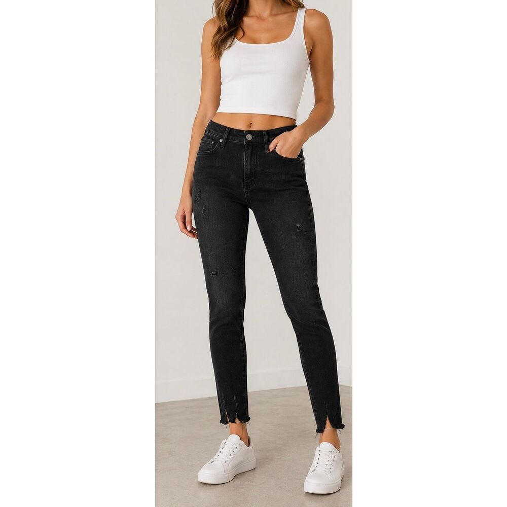 Risen Mid Rise Raw Hem Skinny Jeans Black Wash Size 27/5