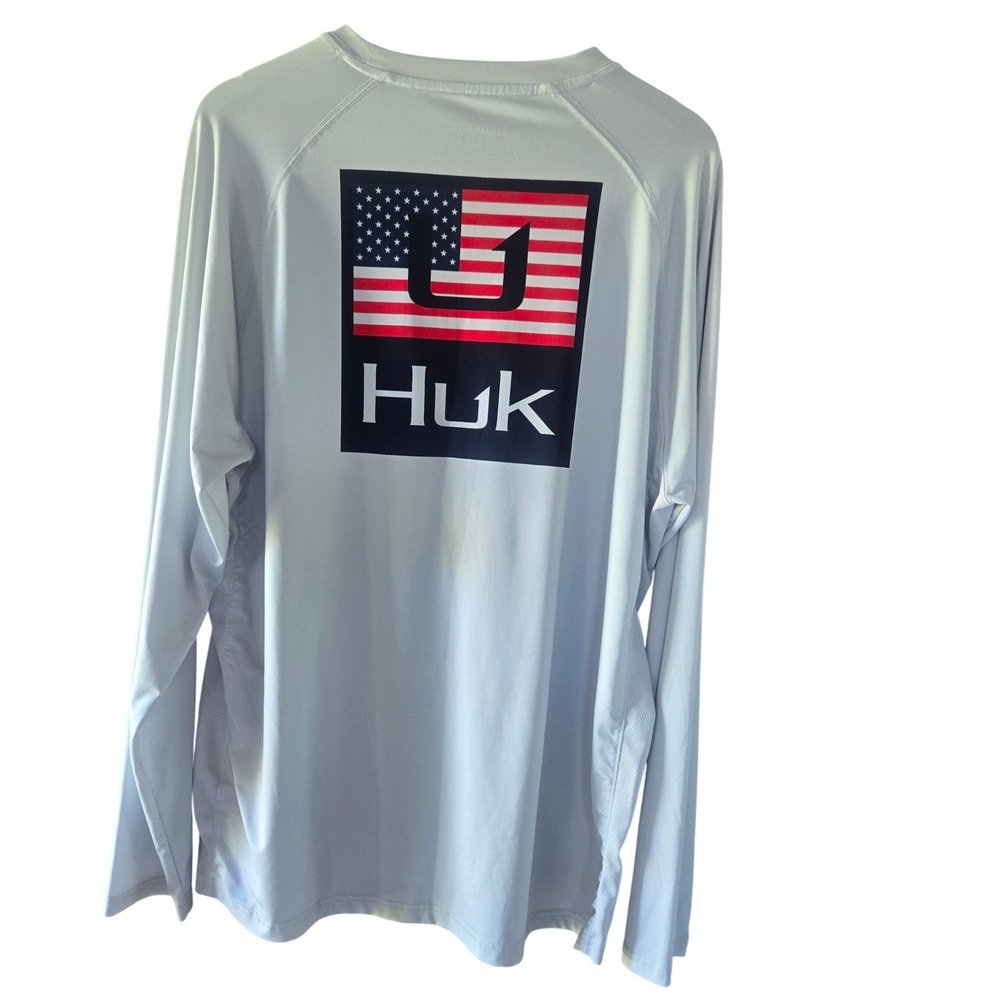 Huk Mens XL Long Sleeve Fishing Shirt American Flag Graphic Performance Grey