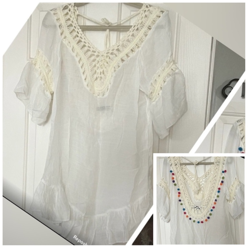 SHEIN Crochet V-Neck Blouse W/Colorful back