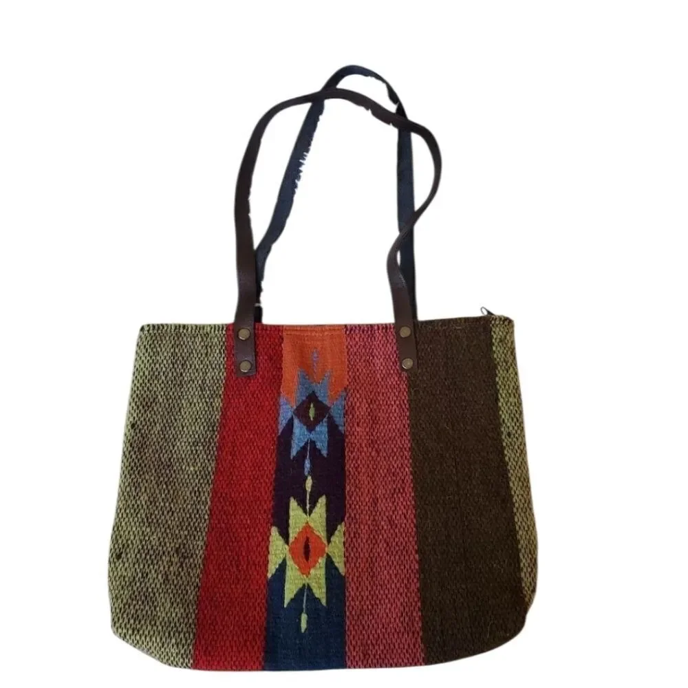 Hand Made Wool Tote Bag Made In Oaxaca Mexico Wool Bohemian Western Art To Wear - Picture 1 of 8