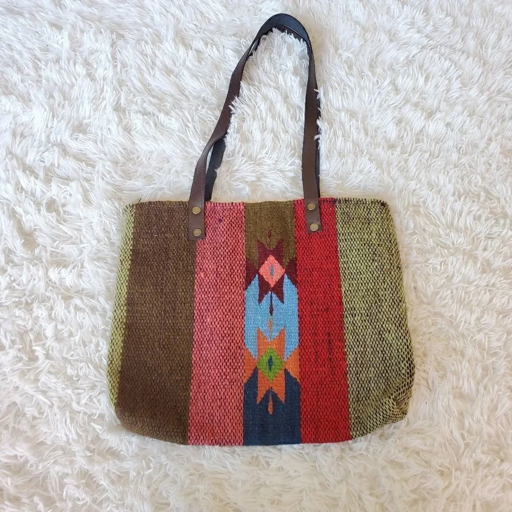 Hand Made Wool Tote Bag Made In Oaxaca Mexico Wool Bohemian Western Art To Wear - Picture 4 of 8