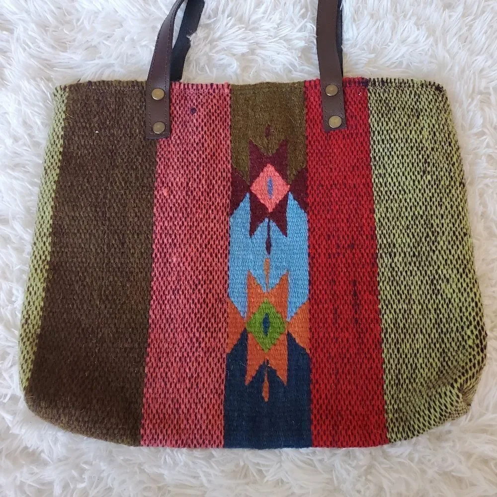 Hand Made Wool Tote Bag Made In Oaxaca Mexico Wool Bohemian Western Art To Wear - Picture 5 of 8