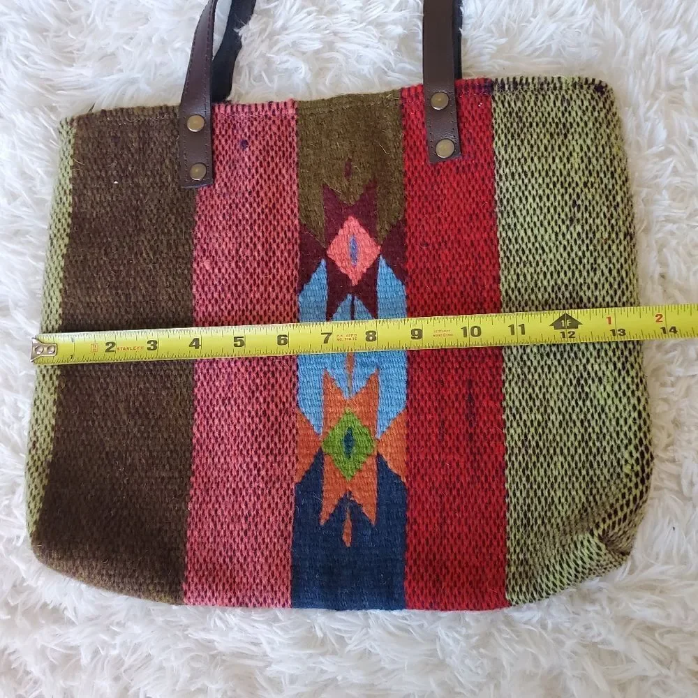 Hand Made Wool Tote Bag Made In Oaxaca Mexico Wool Bohemian Western Art To Wear - Picture 6 of 8