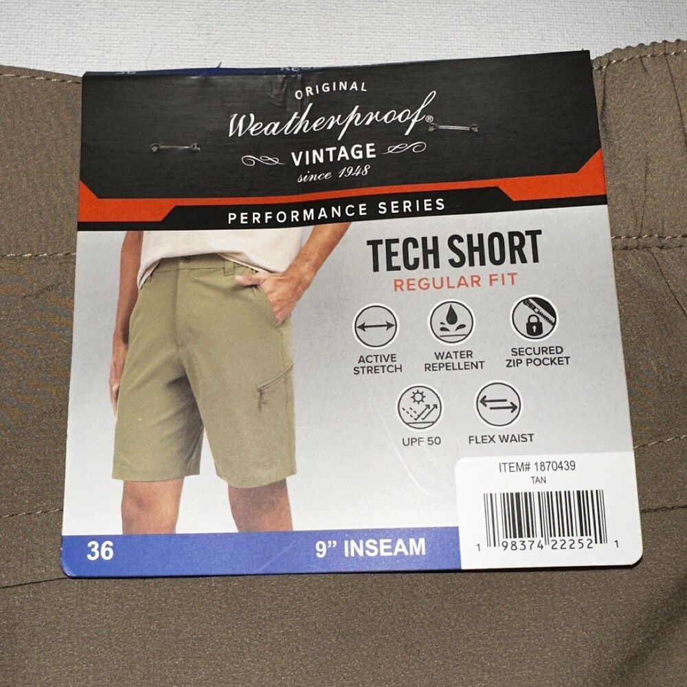 Weatherproof Vintage Men's Performance Series Tech Shorts Tan Size 36‎ (38) NWT