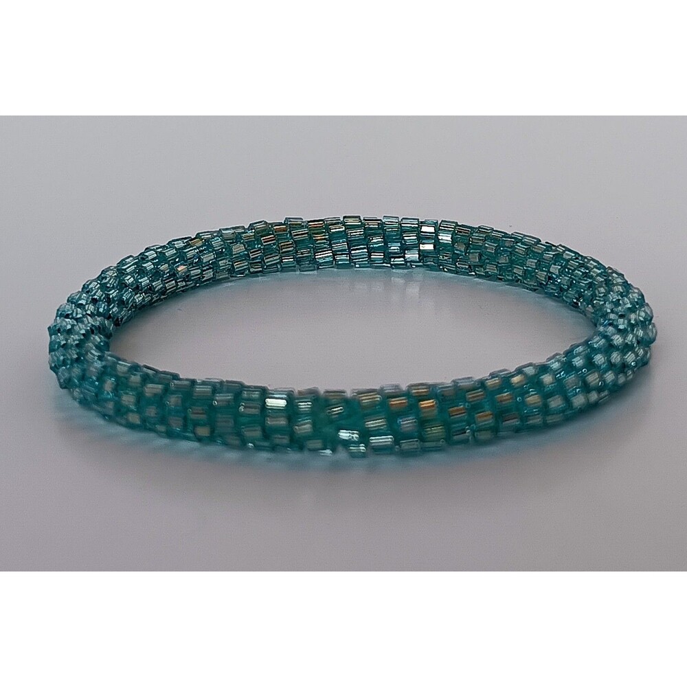 Beautiful Mermaid Blue Hand Crocheted Bead Bracelet 6.5 in