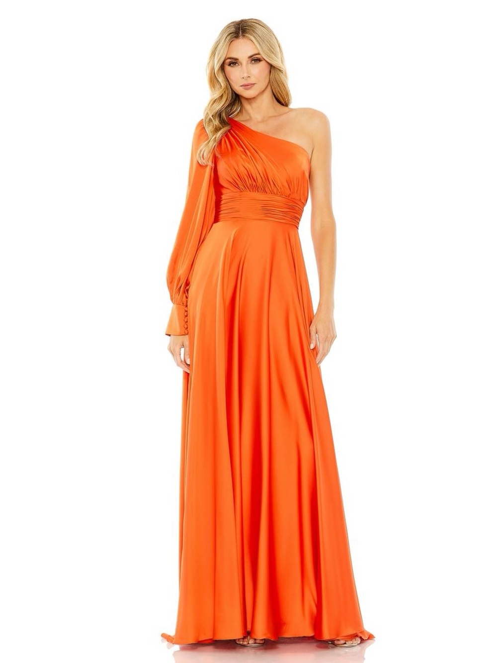 NWT Mac Duggal 67866 Spice One Shoulder Bishop Sleeve Charmeuse Gown Size 4