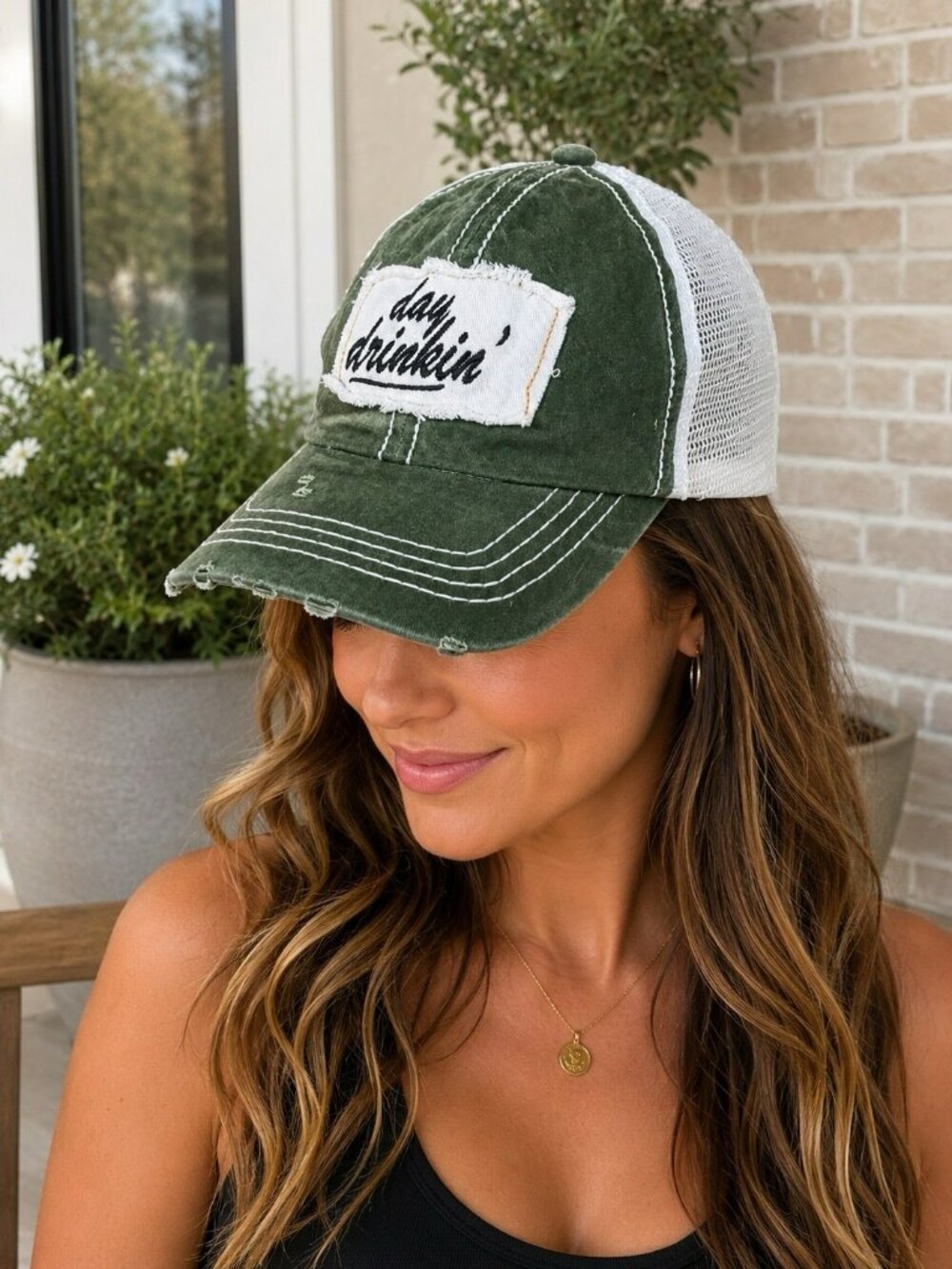 Funky Junque Womens Baseball Cap Distressed Vintage Day Drinking Green White