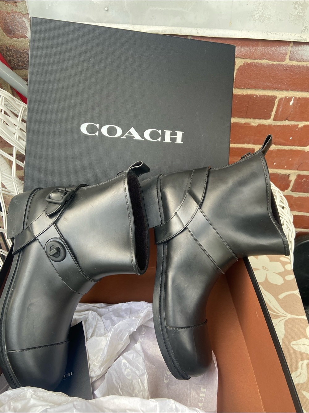 Coach Black moto rubber rain boots slip on rain Ankle Booties GC size 9 - Picture 4 of 13