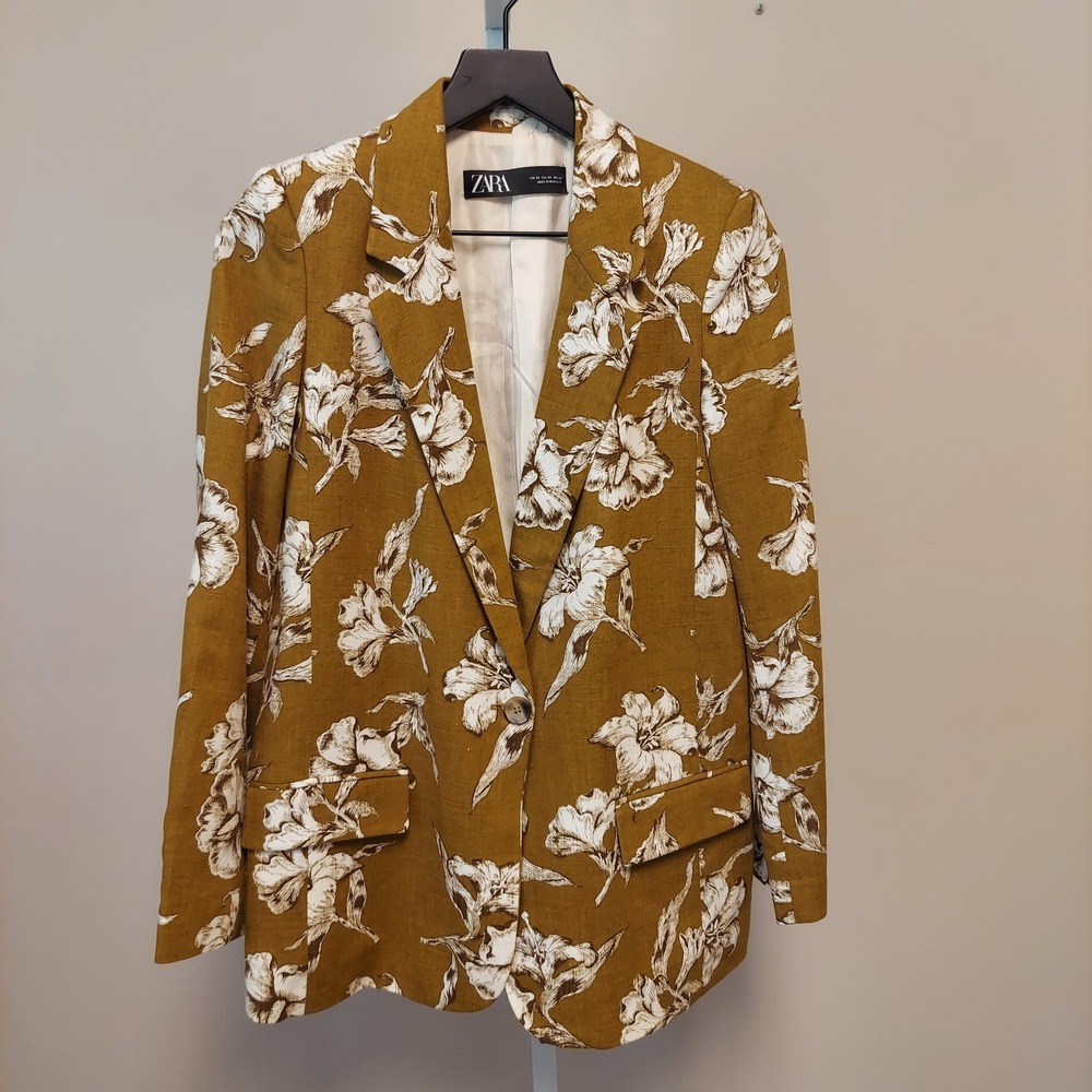 Blogger Favorite Zara Womens Mustard Yellow Floral Linen Blend Blazer Jacket XS