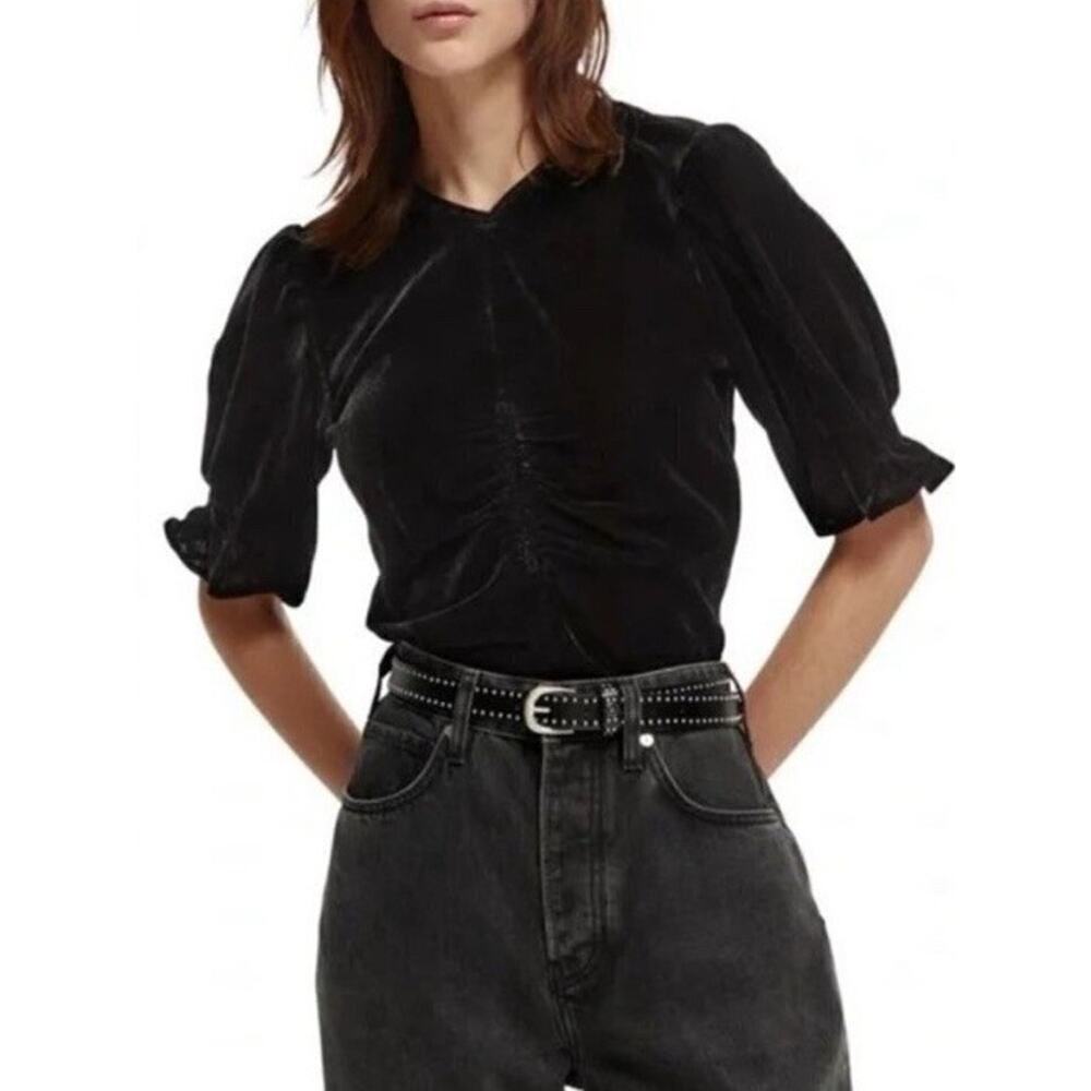 Scotch & Soda Top Black Velvet size Large NWT Puff Sleeves Zip Side Evening - Picture 1 of 11