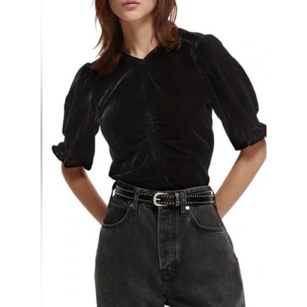 Scotch & Soda Top Black Velvet size Large NWT Puff Sleeves Zip Side Evening - Picture 10 of 11