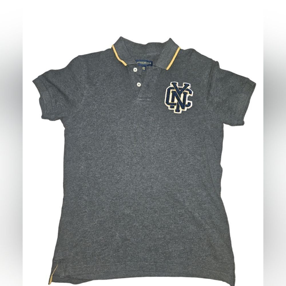 Aeropostale Polo Shirt M  Gray NYC Patch Logo Fuzzy Preppy Rugby Casual Mens