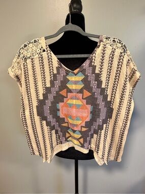 American Rag Crochet Shoulder Boho Aztec Print Top Women’s Small Festival Knit