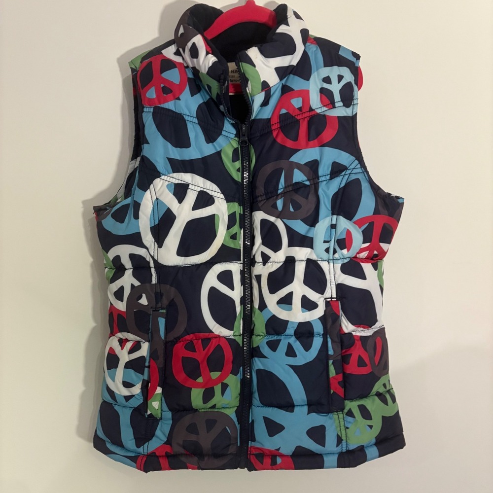 Old‎ Navy Kids Puffer Vest XLarge Size 14 Peace Sign Print Blue Red Green